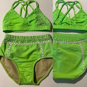 LA dance solo custom neon green 2 piece convention rhinestoned costume Jr teen